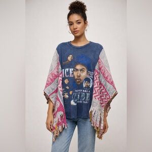 88. Hand Crafted ICE CUBE T/poncho/top with fringed Kantha sleeves, by Susie.